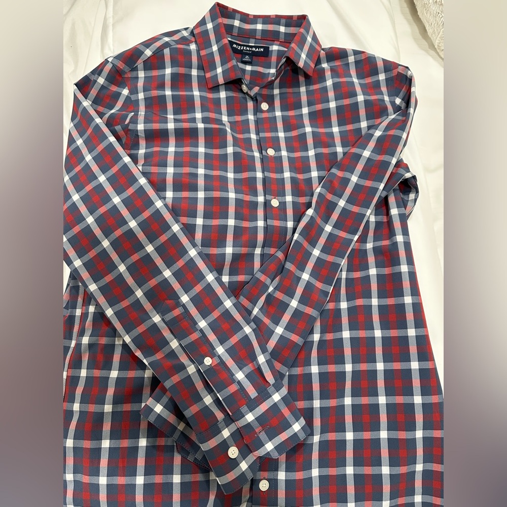 Mizzen+Main Men's Red and Blue Plaid Shirt size medium trim